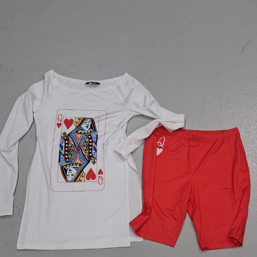 NWOT 2 Piece Set, White Long Sleeve Queen Of Hearts Shirt & Matching Red Shorts